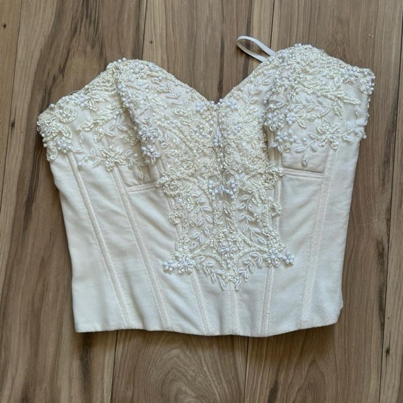 1990’s Vintage Cream Ivory Boning Zip Up Beaded Sweetheart Bridal Bodice Top - Picture 5 of 8